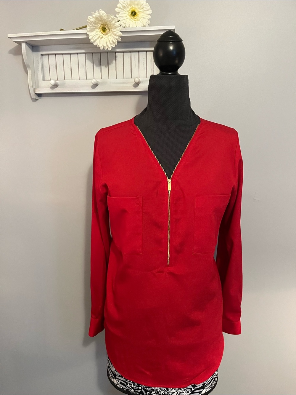 Calvin Klein Red Zip-Front V-Neck Tunic